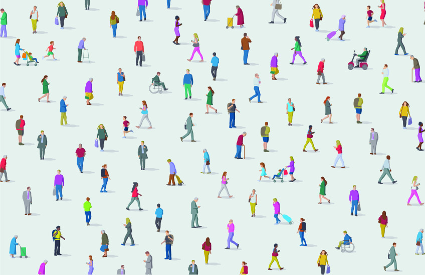 Illustration of several dozen people of different ages, from children to older adults, walking and/or using mobility aids