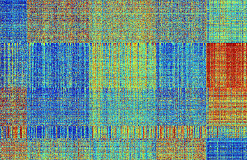 A chart unrelated to the current study shows activity levels of 3,000 genes in each of 619 tissue samples, forming a tapestry-like pattern of reds (high activity), yellows, greens, and blues (low activity).