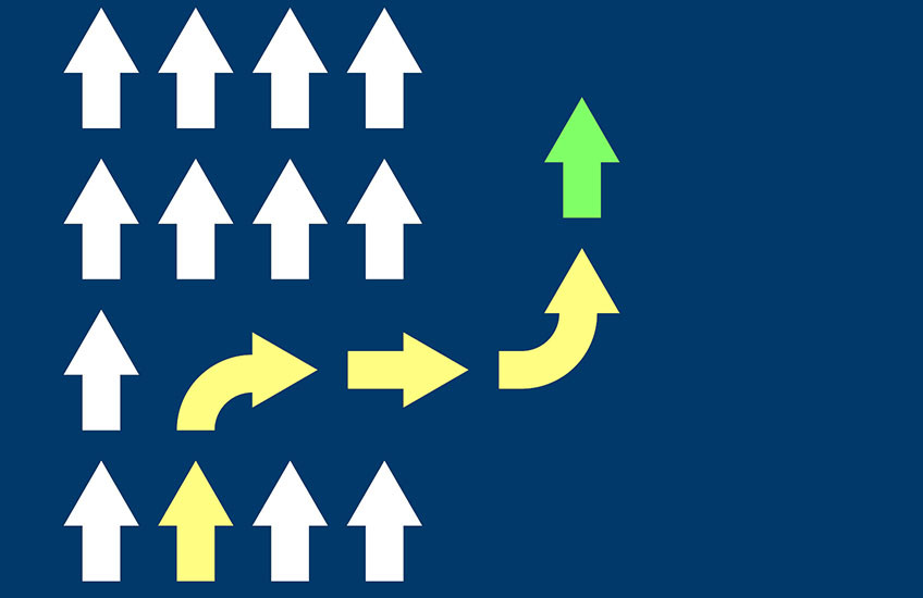 Four columns of white arrows point upward. In the second column, the arrows divert to one side, forming a new path, and transform from white to yellow to green.