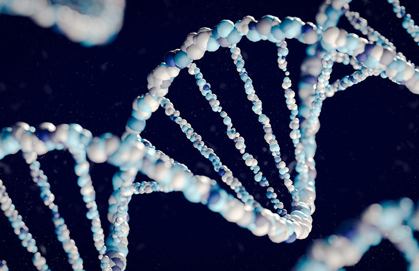 Rendering of DNA double helix structure in shades of blue and white