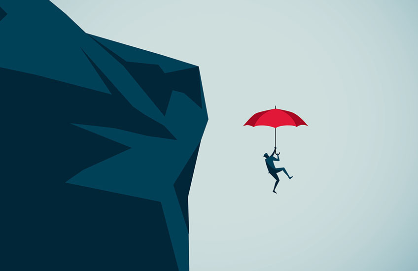 Illustration of a person falling off a cliff with a red umbrella