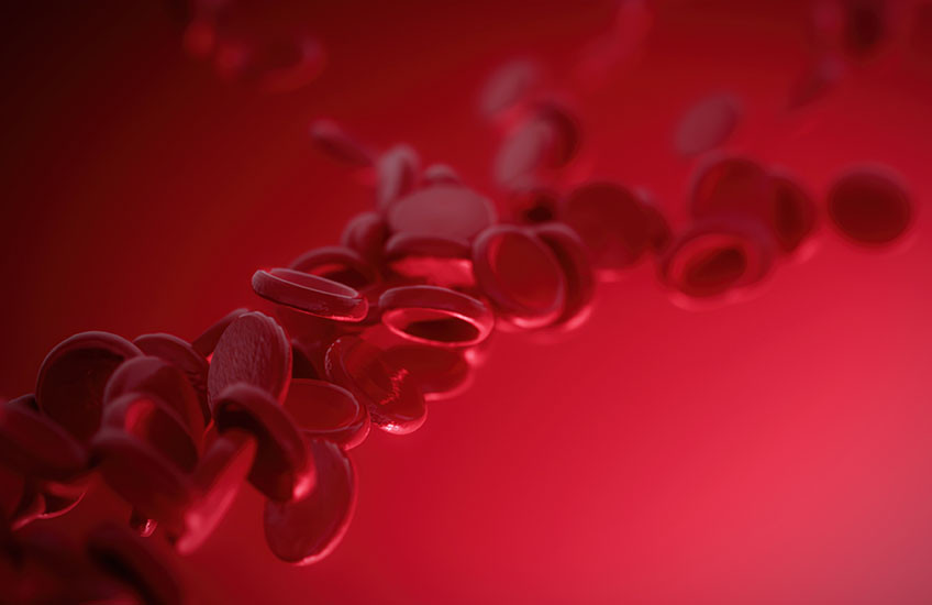 Artistic interpretation of red blood cells flowing together in a stream