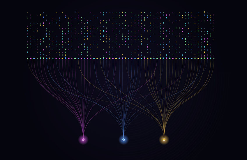 An abstract illustration shows how three colorful, glowing balls generate a complex array of data points. 