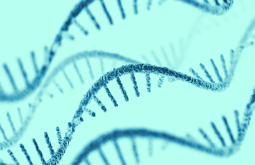 An abstract illustration shows twisting dark blue strands of RNA against a light turquoise background.