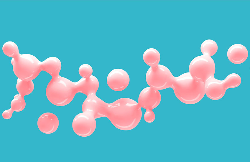 Illustrated pink droplets form the abstract shape of a molecule with a shiny, glue-like texture.