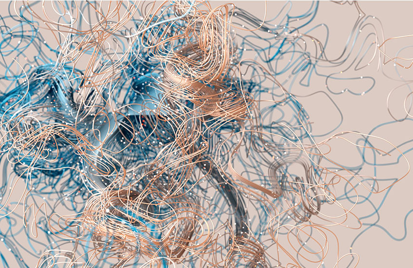Tangled bronze and blue lines on a cream background