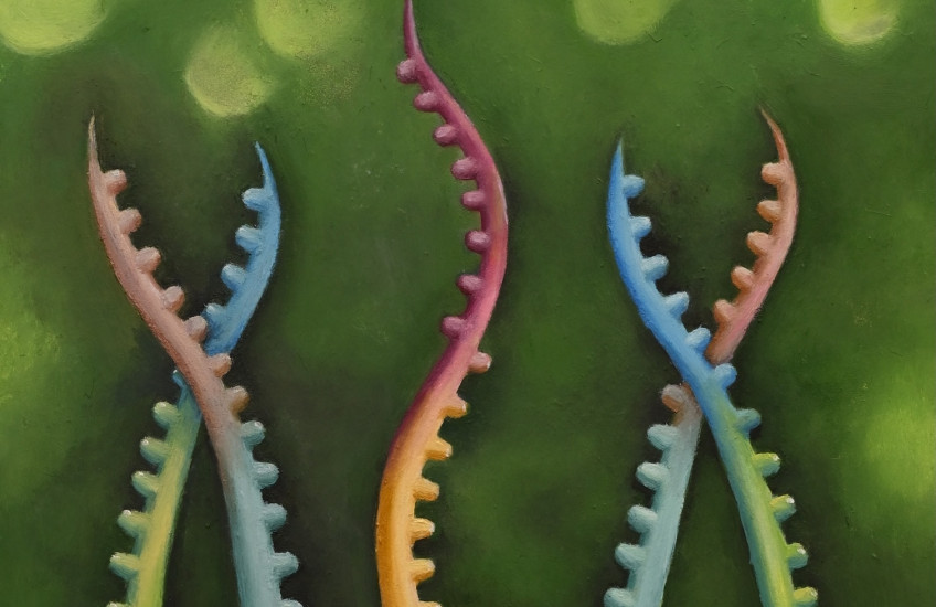 A watercolor painting depicting several colorful mRNA strands growing like vines on a green background.