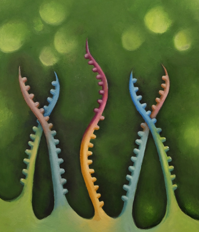 A watercolor painting depicting several colorful mRNA strands growing like vines on a green background.