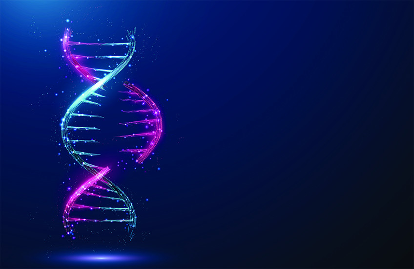 Illustration of a segment of a DNA double helix with one half in pink and the other in teal. The middle portion of the pink half is separated from the main molecule.