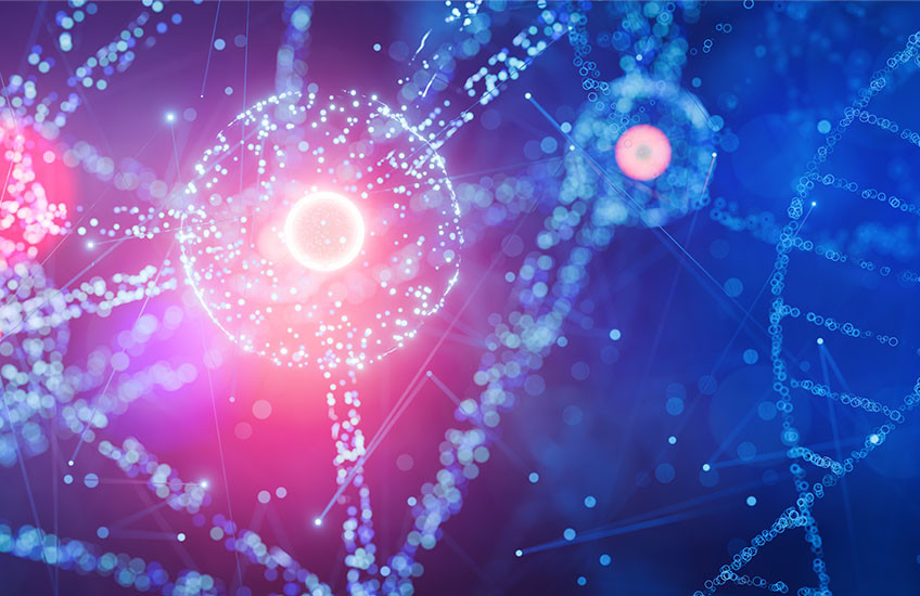 Abstract illustration of glowing DNA strands and molecular structures in blue and pink.