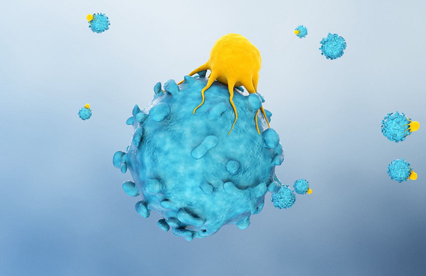 A spherical form in yellow is attached to a larger, blue spherical particle with rounded protrusions. Other similar particles float in the background.