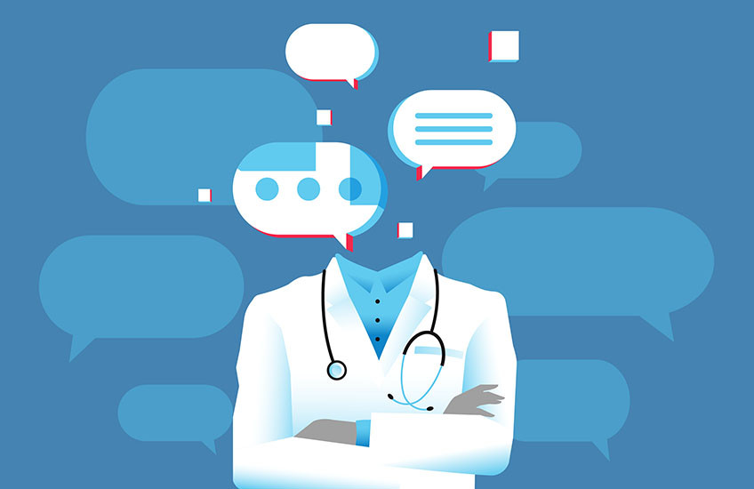 An illustration of a doctor in a white coat with speech bubbles representing a digital dialogue between the doctor and an AI chatbot.