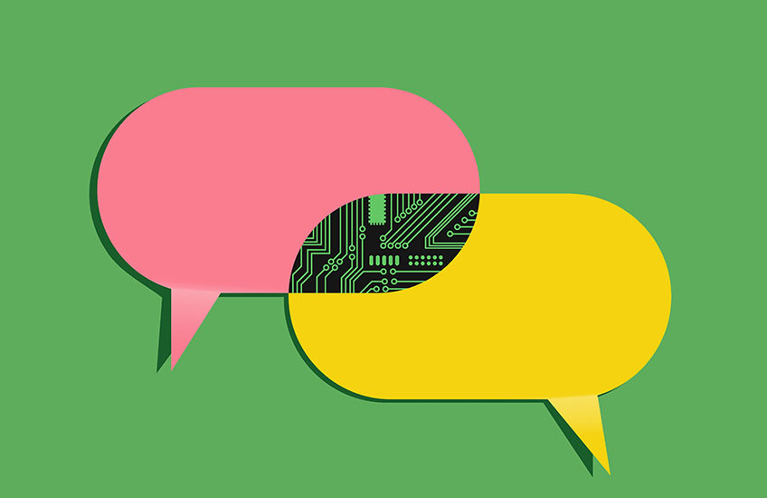 Illustration of two speech bubbles with circuitry where they overlap