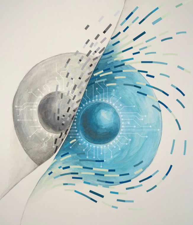 Illustration of aging gray cell transitioning into a rejuvenated blue cell with circuit-like patterning