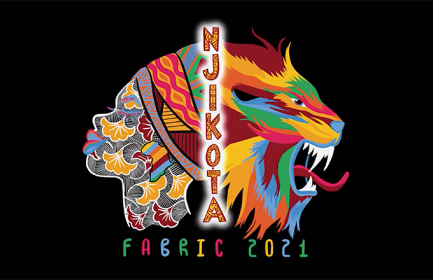 Fabric logo with multi-colored illustration of African woman and colorful lion with the word Njikota on black background