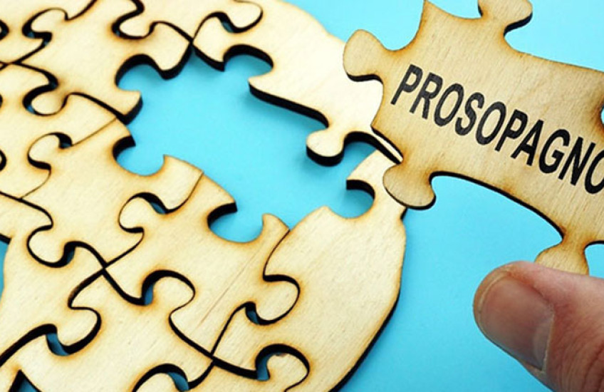A hand holds a puzzle piece that reads "prosopagnosia" above a puzzle in the shape of a human brain