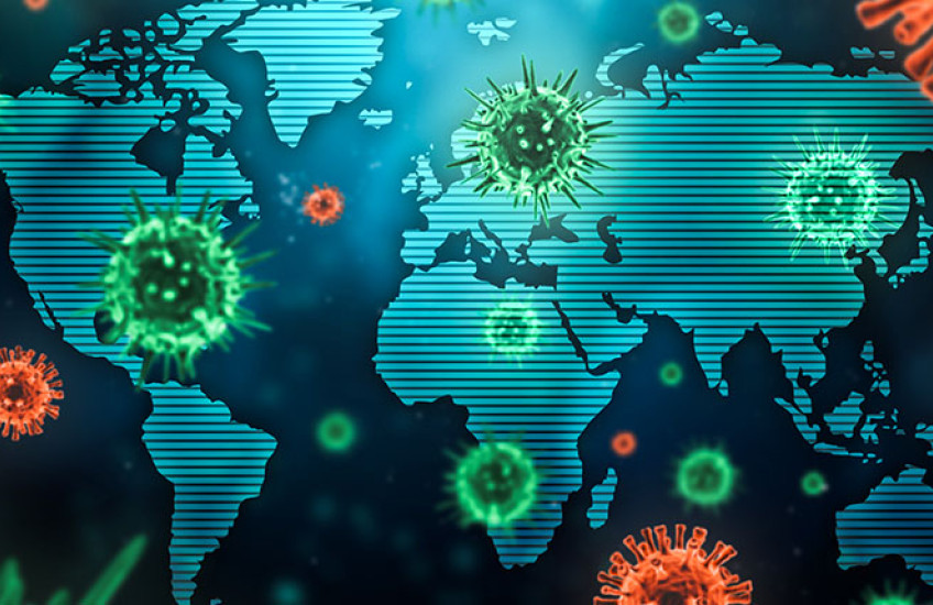 An illustrated map of the world with hovering viral particles