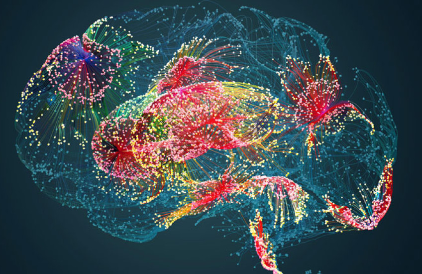 An abstract drawing of a teal brain with bright patches of color