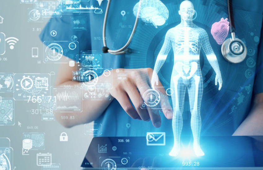 Illustration of a person in blue scrubs touching a screen with a hologram of the human body