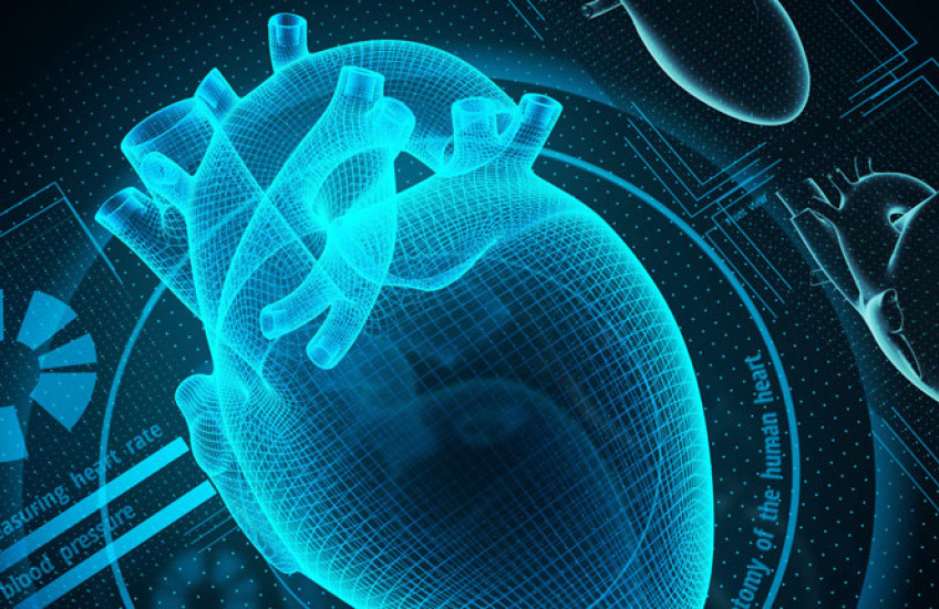 Illustration of a heart x-ray with technology around it, such as a CD