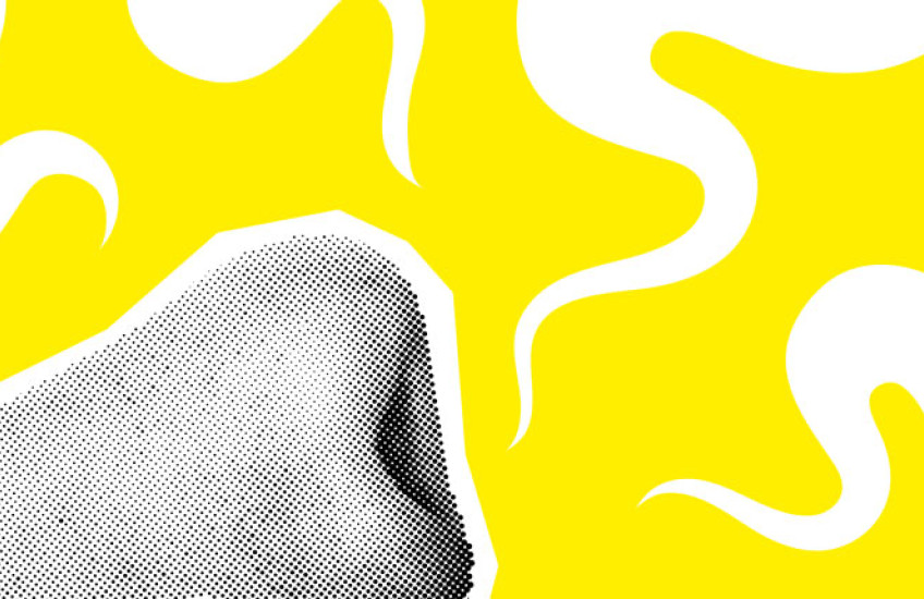 A stylized nose illustration on a yellow background with white smell lines 