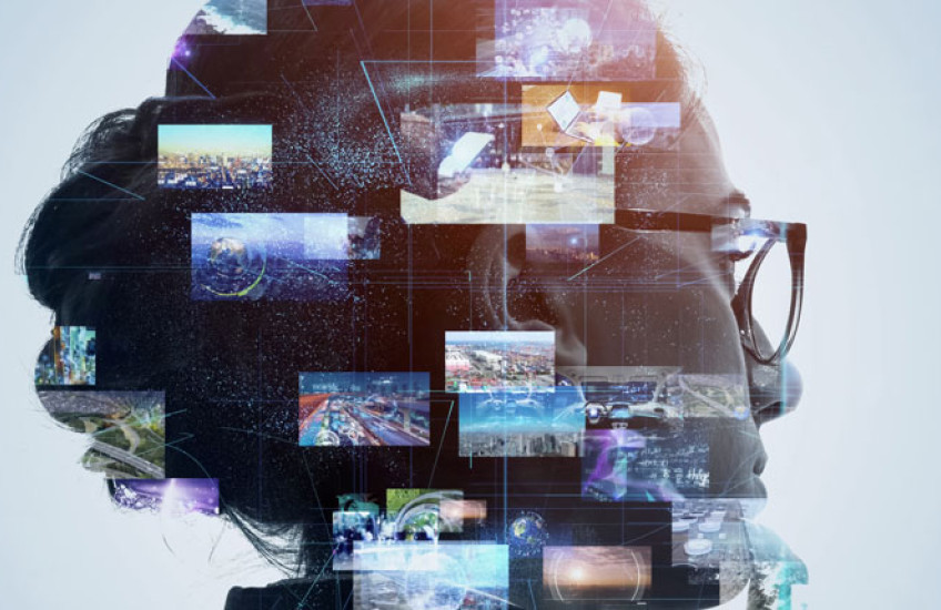 A close-up of a person's head in profile, overlaid with multiple squares showing different scenes