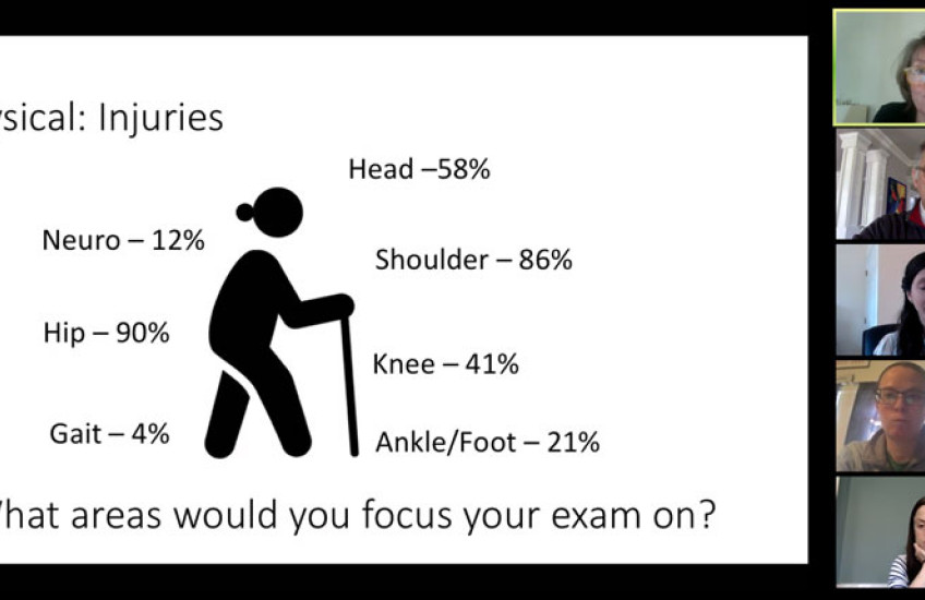 Screen shot of an online teaching session, with a slide and faculty looking on