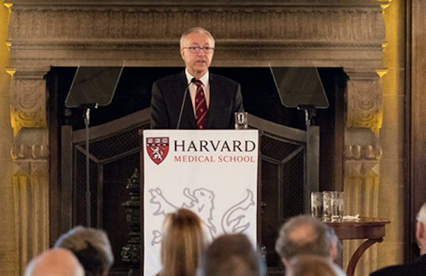 HMS Dean George Q. Daley speaks to the crowd at a Meet the Dean event.