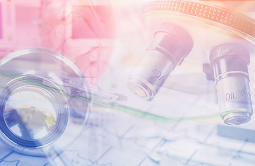 digital collage of stethoscope, microscope and EEG print out