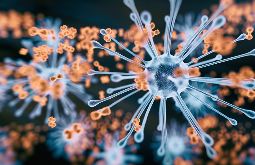 Rendered image of spikey blue virus particle and bow shaped orange antibodies on a black background