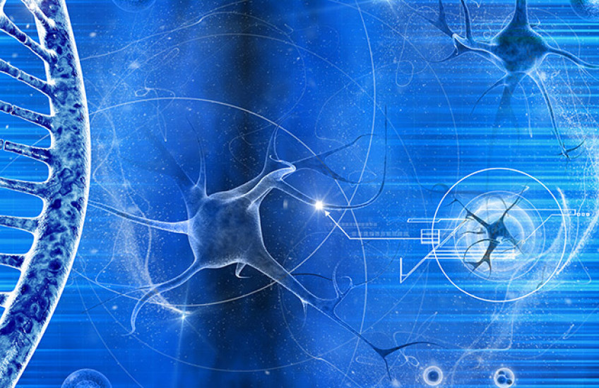 neuron and dna on blue background