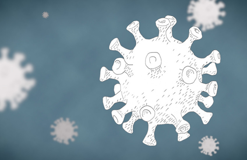 sketch of a SARS-CoV-2 particle floating against an abstract background