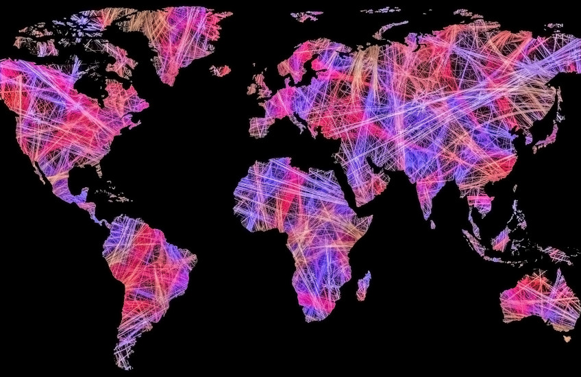 Abstract world map with colorful lines.