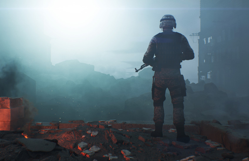 Stock photo illustration of a soldier holding a machine gun in smoking, burning ruins.