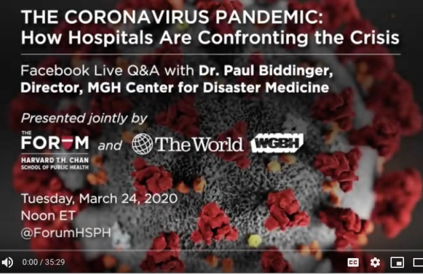 An illustration of the conornavirus with text describing an event about how hospitals are confronting the pandemic.  