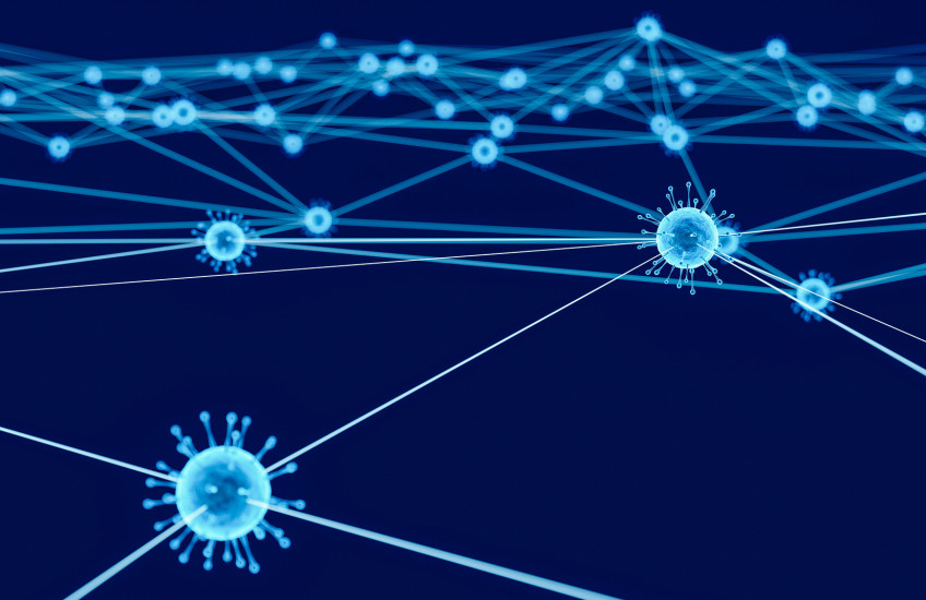 stylized SARS-CoV-2 particles sending out connections to many others bright blue on dark blue background