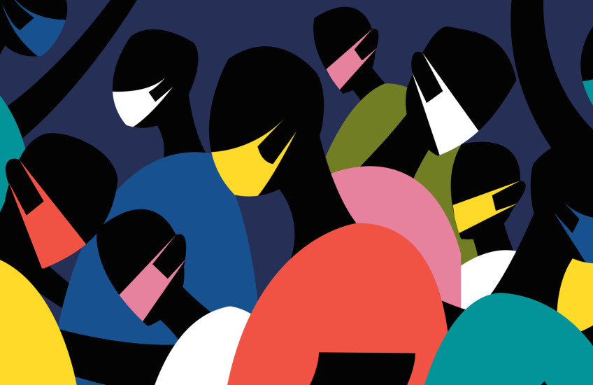 illustration of figures in colorful clothing wearing masks