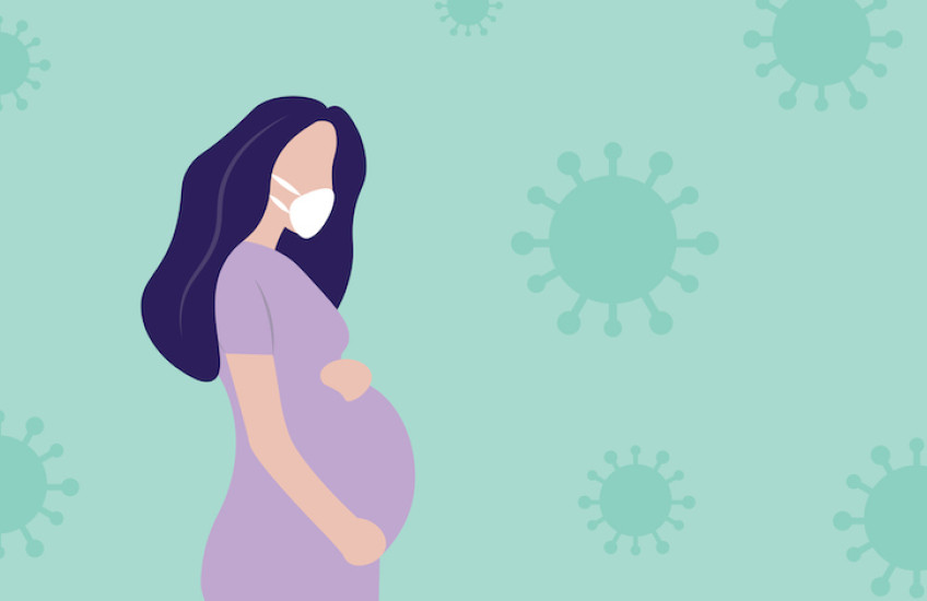 Illustration of pregnant woman wearing a mask with green background of coronaviruses