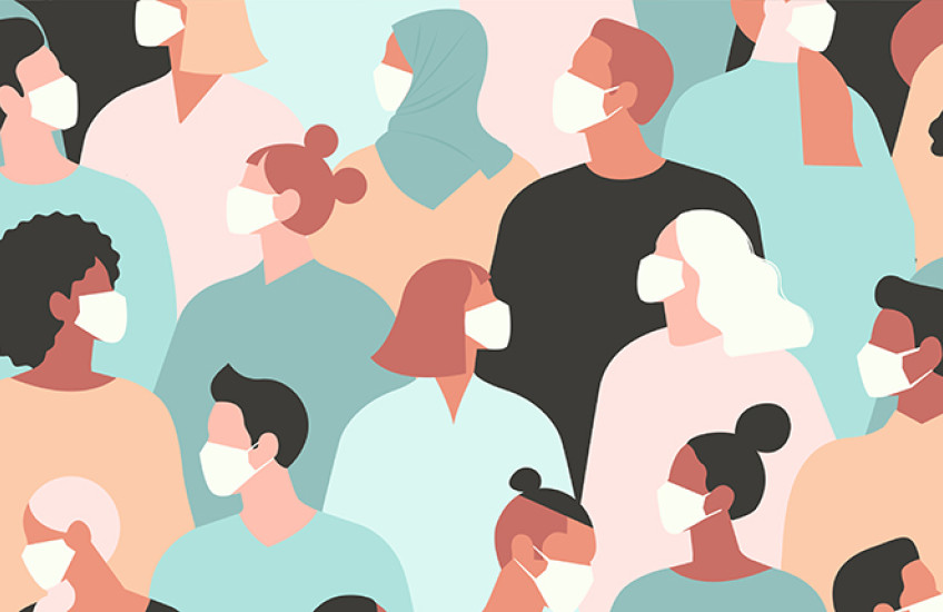 Artistic rendering of a diverse group of people wearing protective face masks