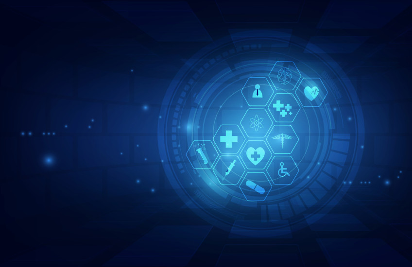 abstract image showing symbols of health care (stethoscope, heartbeat, syringe)  in bright blue drawing on dark blue background