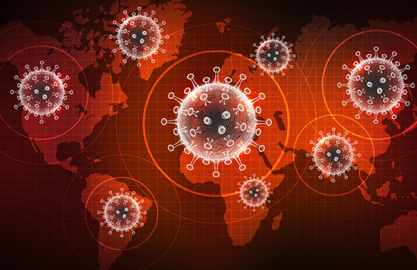 Illustrations of coronavirus virons superimposed no a map of the world. 