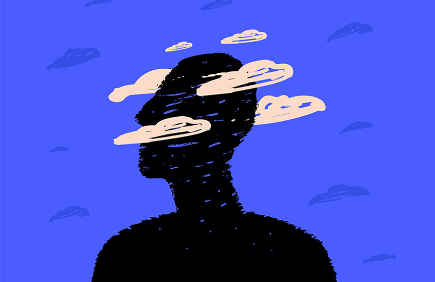 silhouette in dark with clouds around the head illustrating brain fog