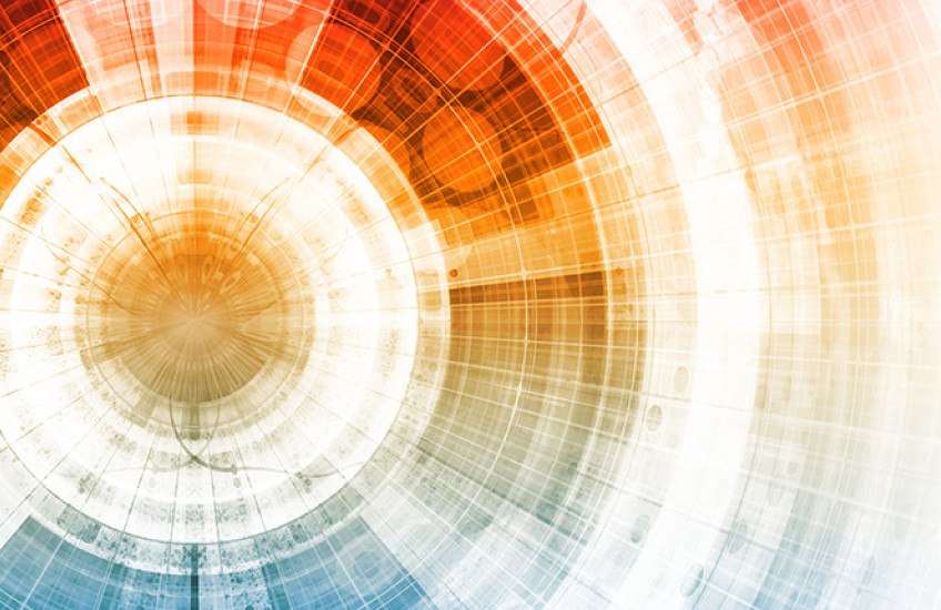 concentric digital design with orange and blue hues