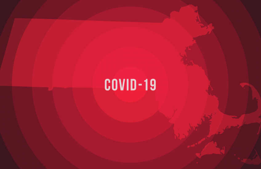A map of Massachusetts in red labeled COVID-19