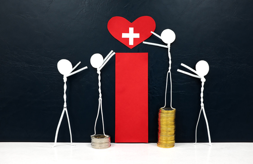 Stick figure reaching for a red heart shape with cross cutout while stepping on stack of coins