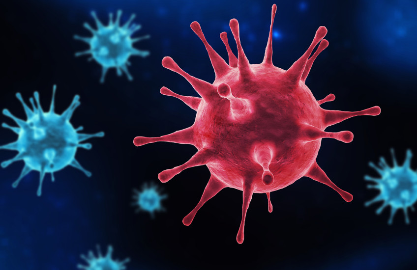 Illustration of several blue spherical virus particles with protruding spike proteins, and one red one.