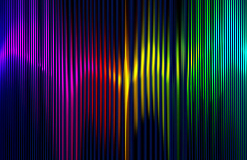 Rising and falling waves of blue, violet, red, orange, yellow and green lines.