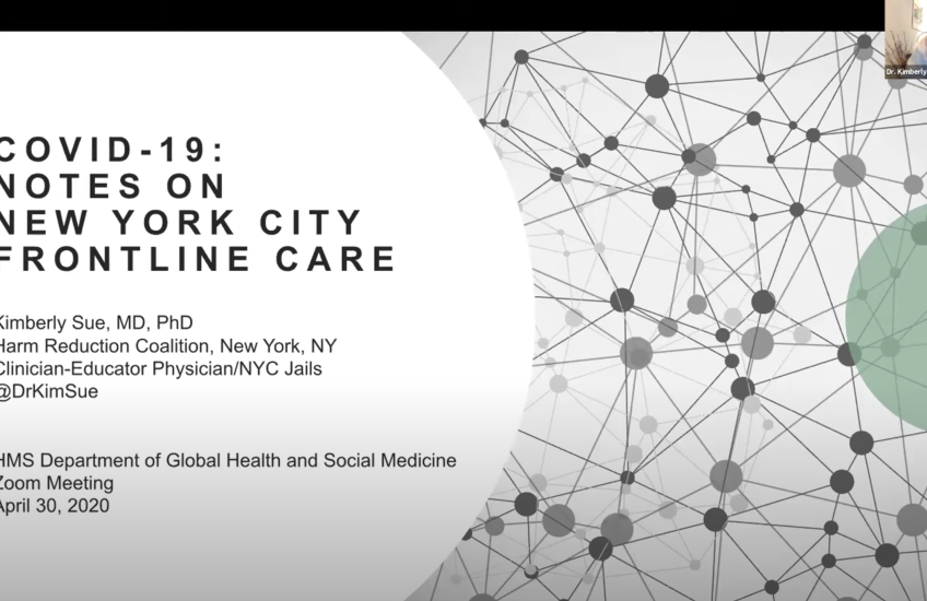 A screen shot of a video webinar with a title slide reading "COVID-19: Notes on New York City Frontline Care" and a thumbnail of the presenter.