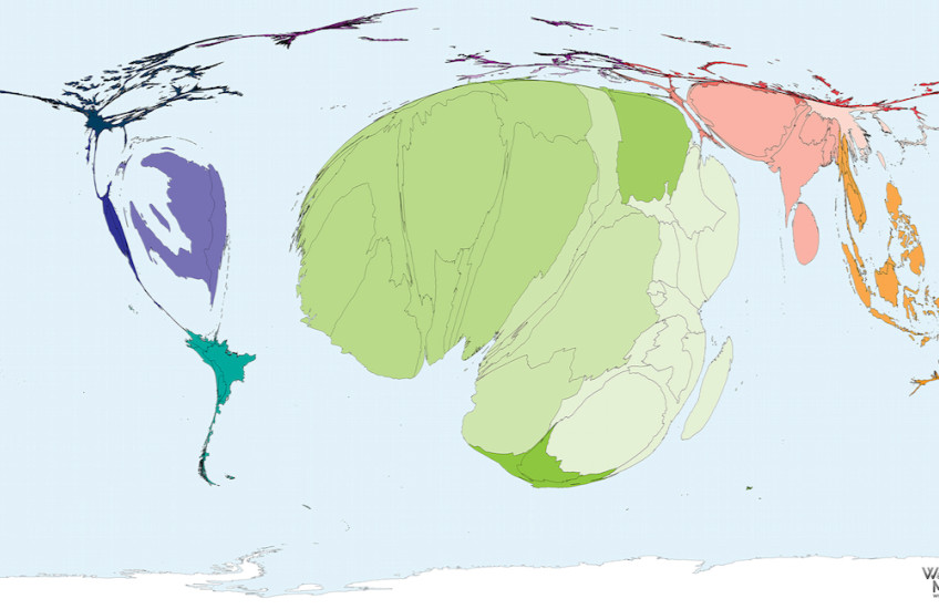 A map of the world with countries resized to make the countries where most people died in epidemics bigger.