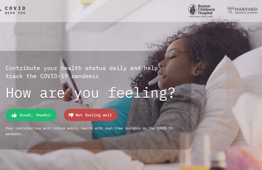 Screen shot of a person in bed with a thermometer beneath the question, "How are you feeling?" and the options "Great, thanks" or "Not feeling well"
